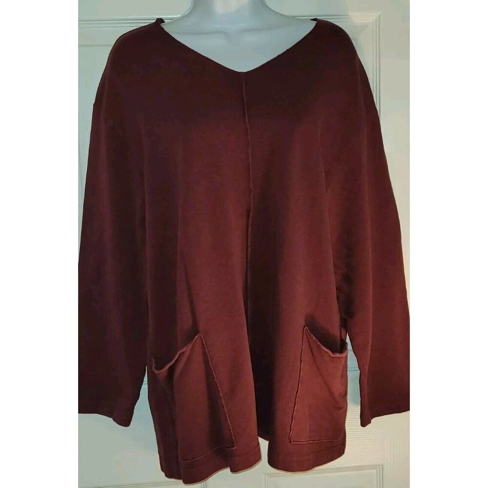 Bryn Walker Bamboo Lagenlook Top Women V-Neck Long Sleeve Front Pocket Oversized